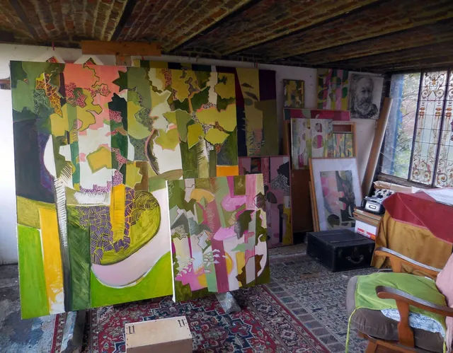 The painting studio in Bavay, with large canvases in progress